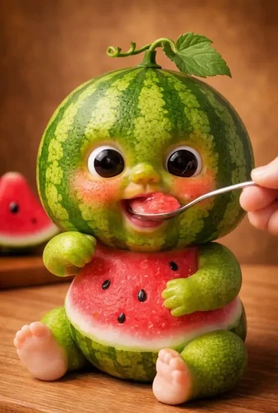 Un adorable bébé pastèque savoure sa première cuillère de pastèque, irrésistible.
