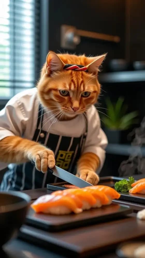 Un chat roux en tenue de chef découpe des sushis au saumon avec la précision d'un maître.