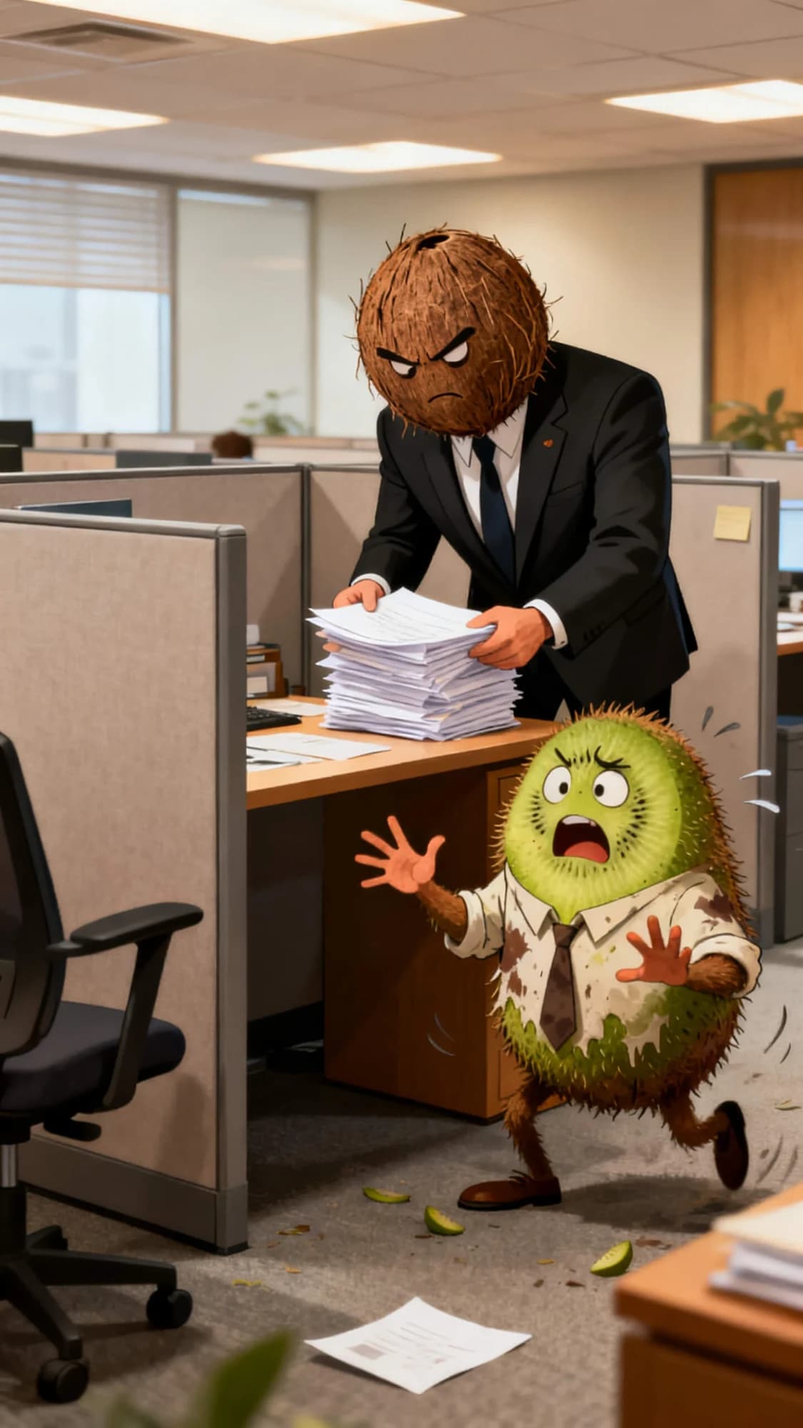 Au bureau, un kiwi paniqué fuit son patron noix de coco et sa pile de dossiers urgents.
