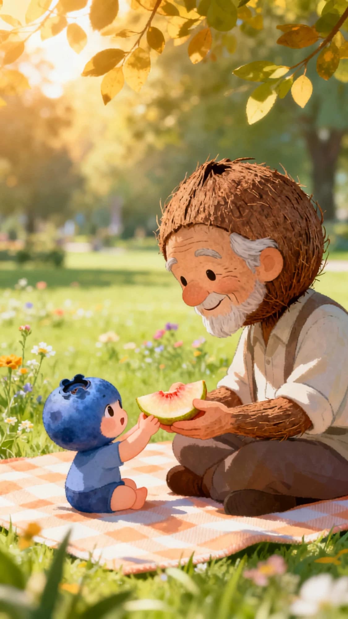 Un grand-père noix de coco partage un fruit avec un bébé myrtille sous un arbre ensoleillé.