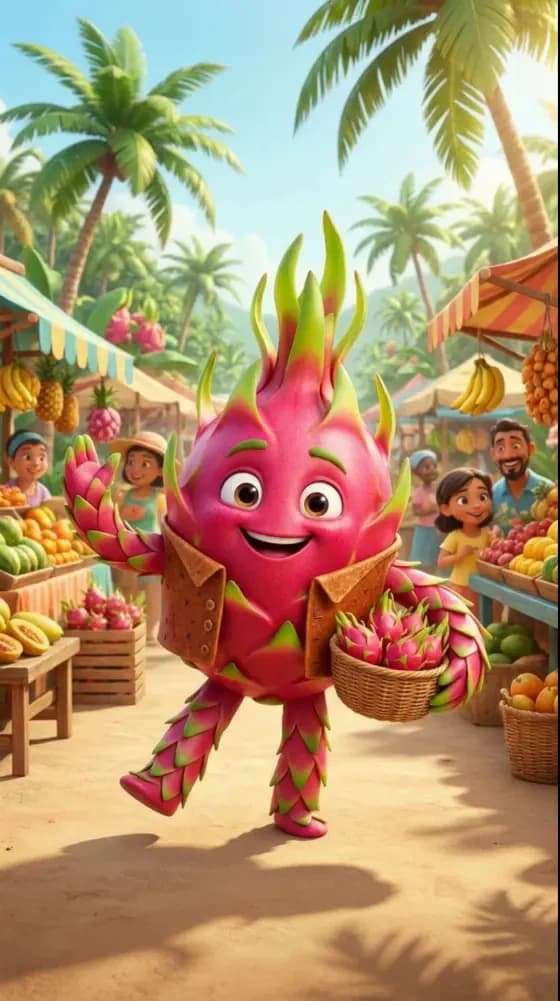 Un fruit du dragon plein d'énergie danse entre les étals d'un marché tropical ensoleillé.
