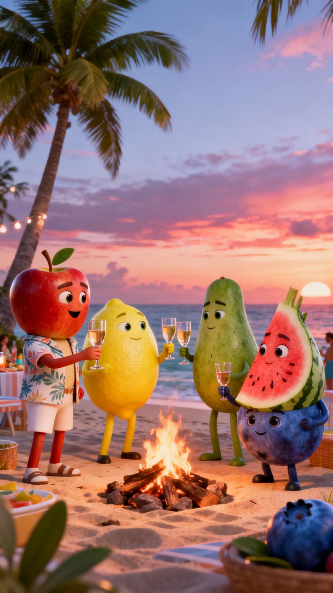 Pomme, citron, papaye et pastèque trinquent autour d'un feu de camp au coucher du soleil.