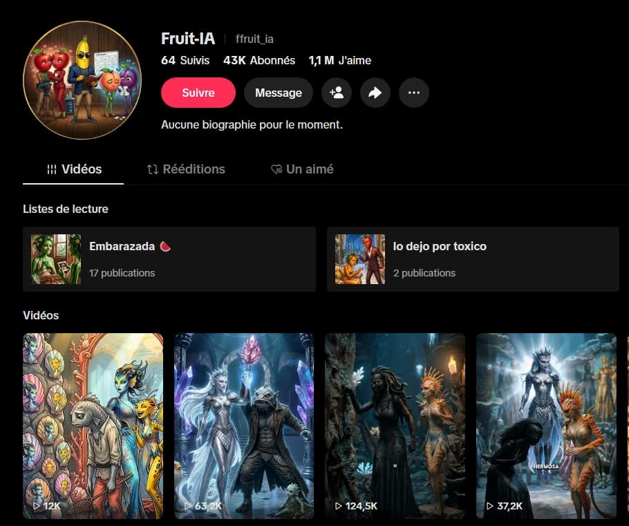 Profil TikTok @ffruit_ia : 43 K abonnés, 1,1 M j'aime