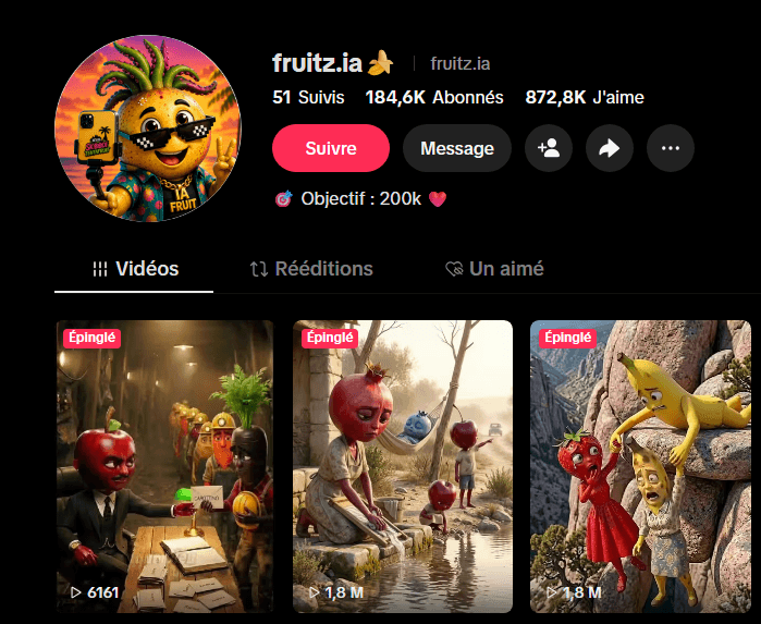 Profil TikTok @fruitz.ia : 184,6 K abonnés, 872,8 K j'aime